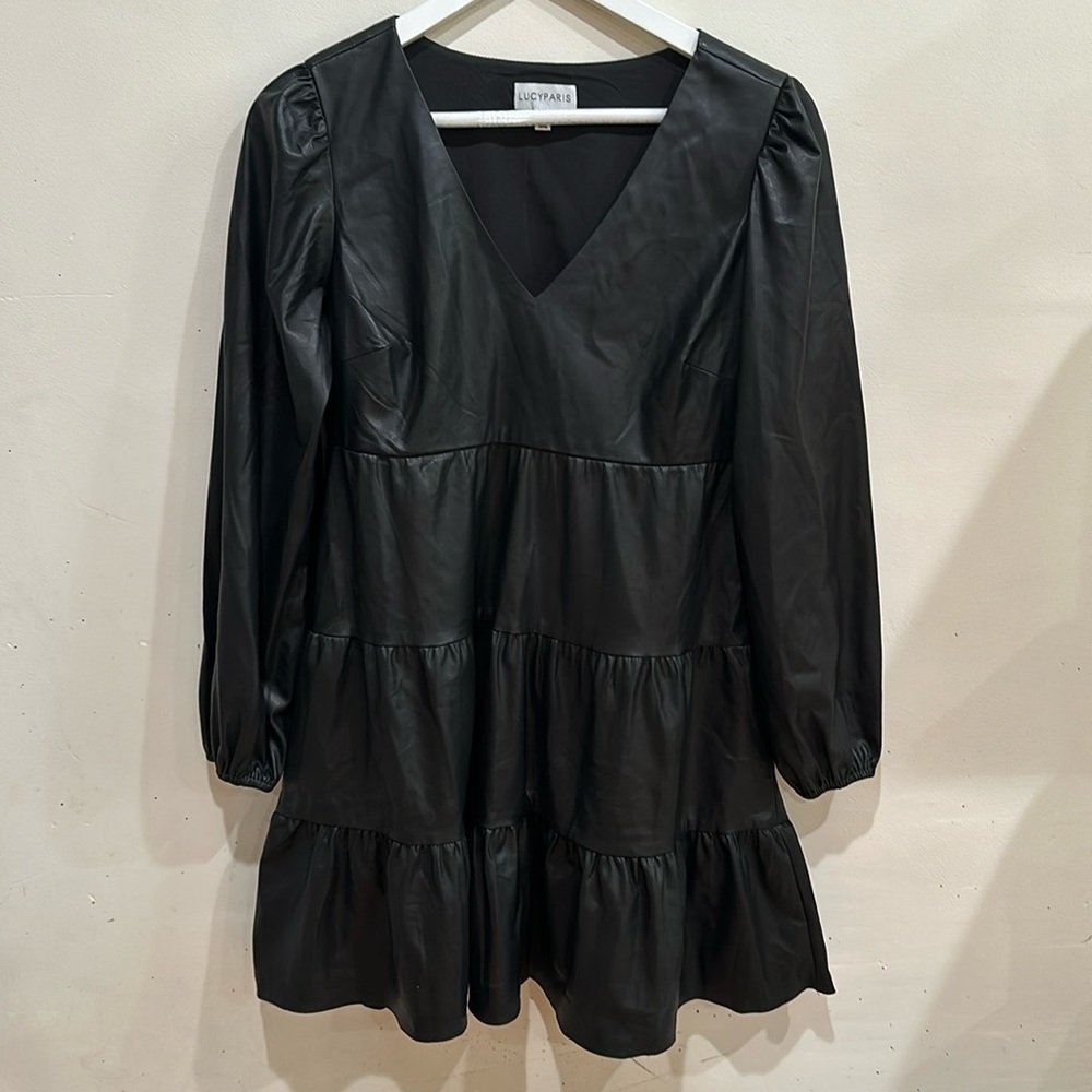 Women’s LucyParis Faux Black Leather long Sleeve Babydoll Dress Size XS